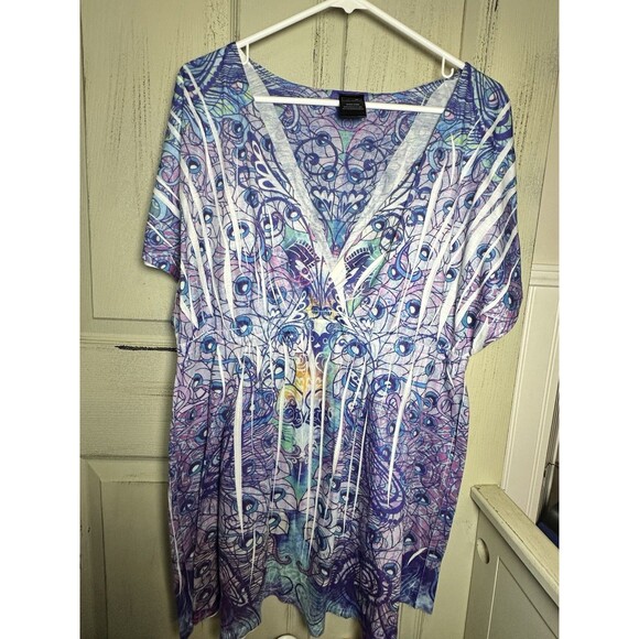 Catalina Womens Tunic Top Blue Purple Paisley Short Sleeve V Neck Size 1X - Picture 2 of 7